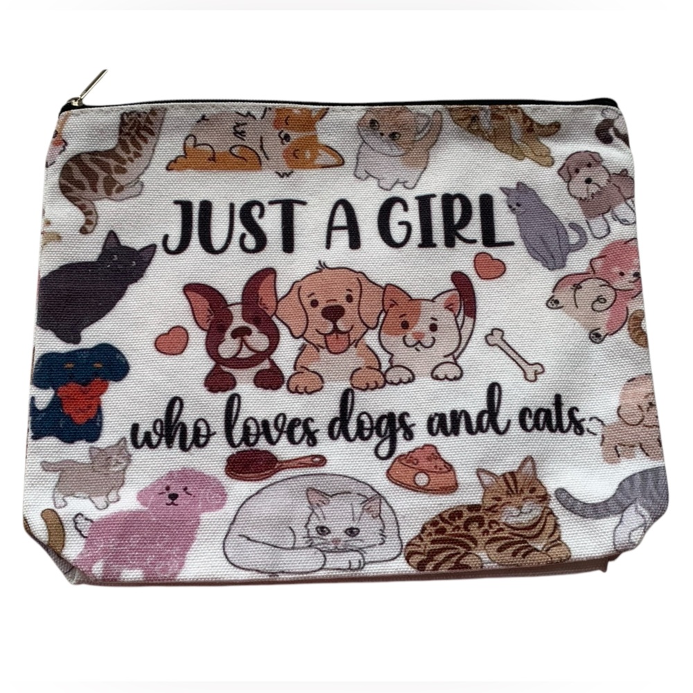 JUST A GIRL who Loves Dogs and Cats Pet-Themed Pouch Makeup Cosmetic Bag